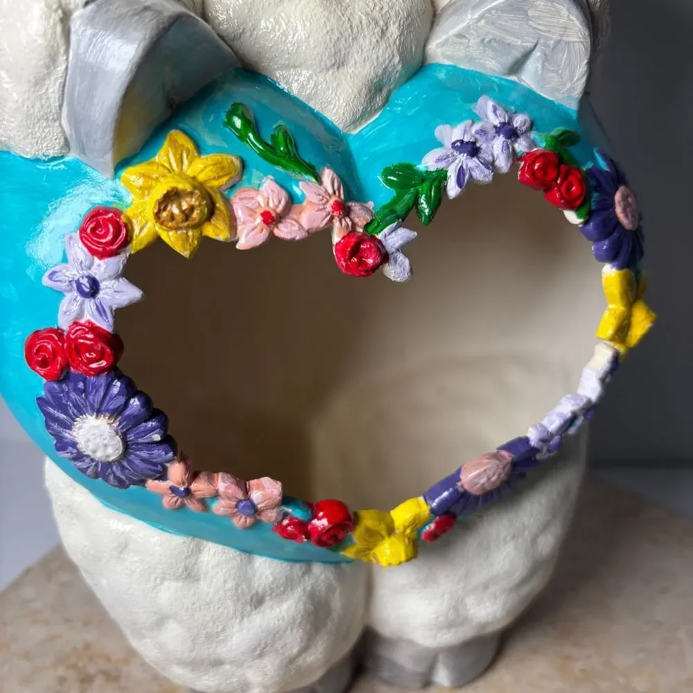 Vintage Retro Ceramic Hand Painted Lamb‎ Heart Belly Vase Container Kitsch Sheep